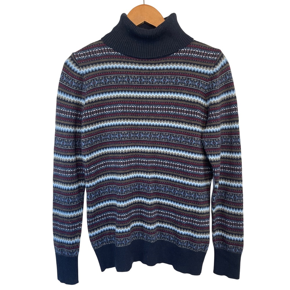 L.L. Bean Turtleneck Fair Isle Cotton Cashmere Sweater M Blue Nordic Holiday
